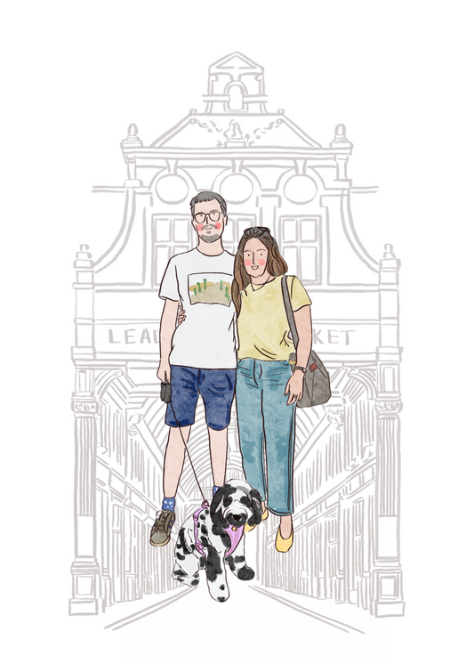 Custom Couple & Dog Portrait – Hand-Drawn Travel Memory Illustration