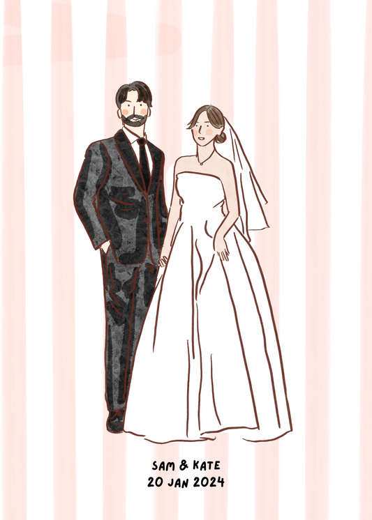 Hand-Drawn Wedding Portrait: Personalized Bride and Groom Illustration