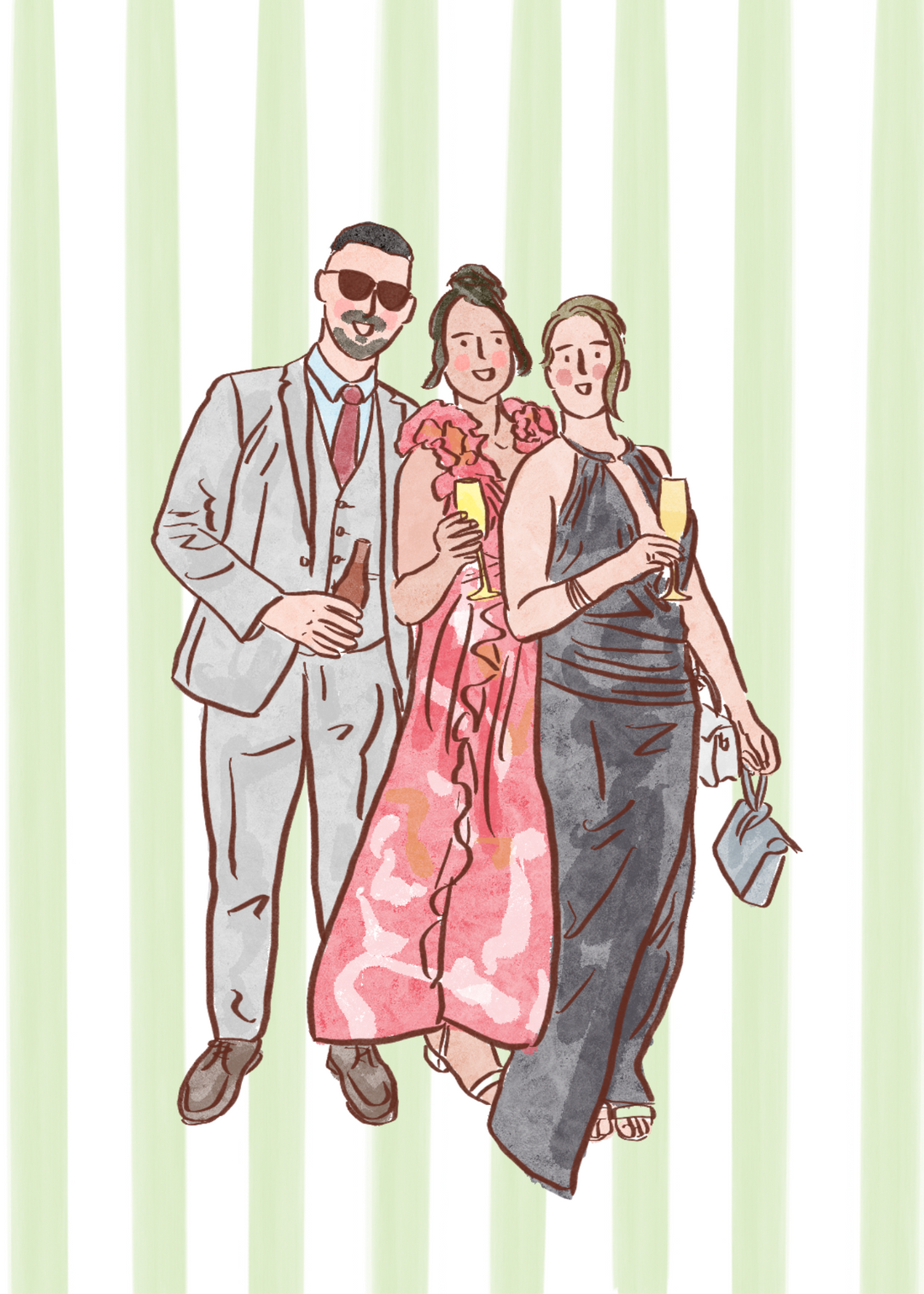 Hand-Drawn Party Portrait: Stylish Friends, Captured in Art