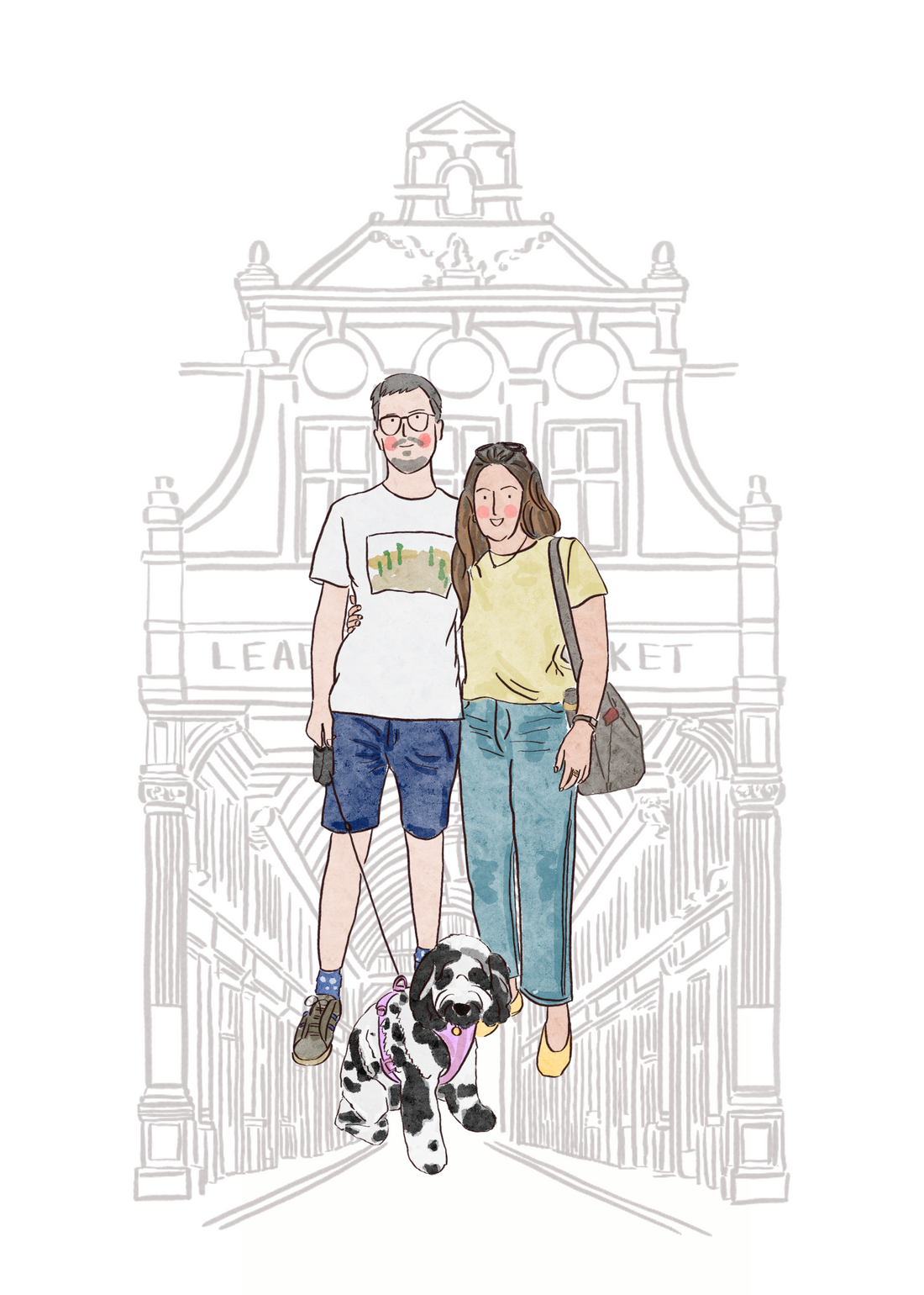 Custom Couple & Dog Portrait – Hand-Drawn Travel Memory Illustration
