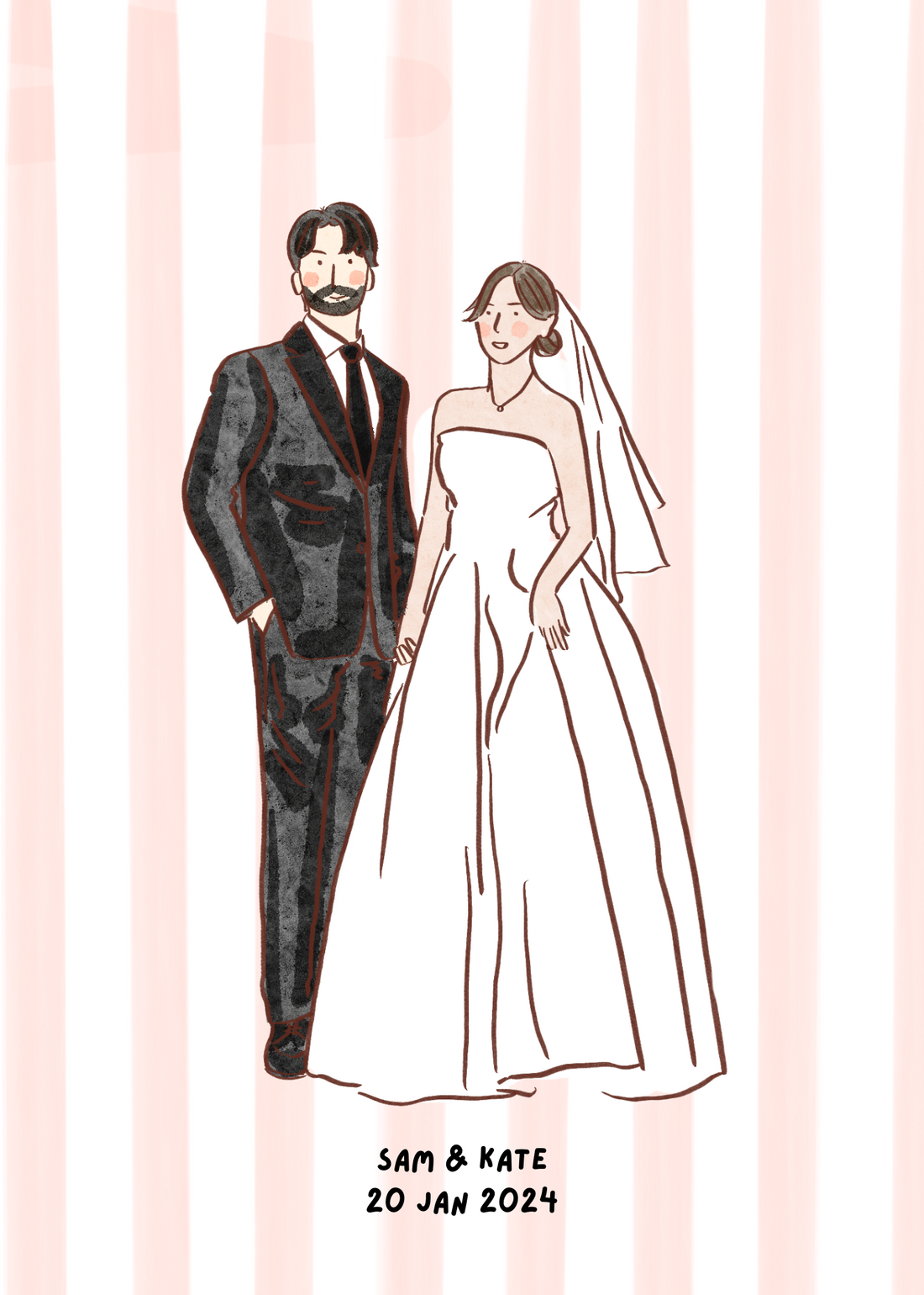 Hand-Drawn Wedding Portrait: Personalized Bride and Groom Illustration